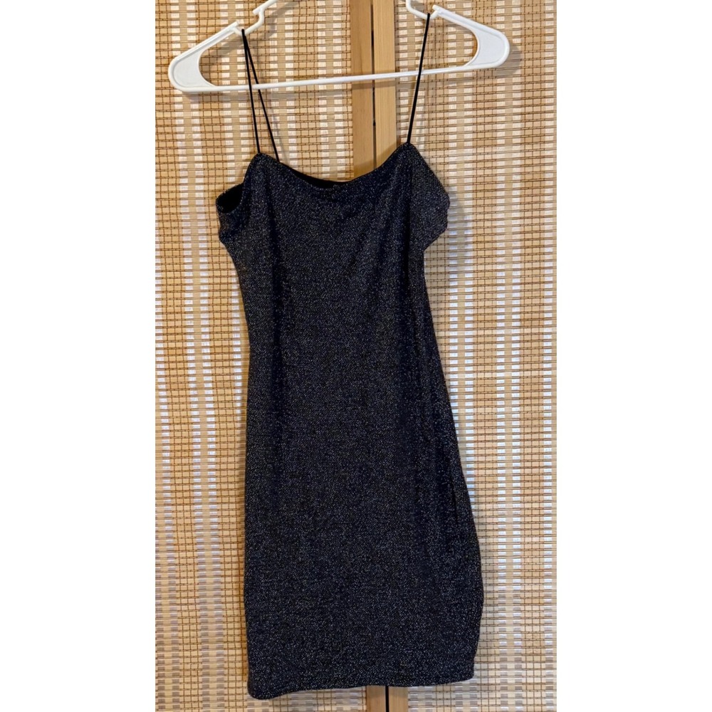 Love Tree Womens Black Silver Metallic Lurex Spaghetti Bodycon Mini Dress M